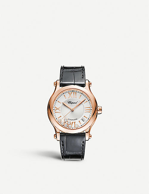 CHOPARD: Happy Sport medium 18ct rose-gold diamond and alligator-embossed leather automatic watch