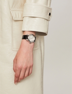 Happy Sport Medium stainless steel, diamond and croc-embossed leather watch
