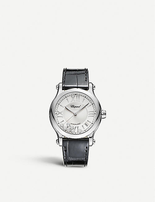 CHOPARD: Happy Sport Medium stainless steel, diamond and croc-embossed leather watch