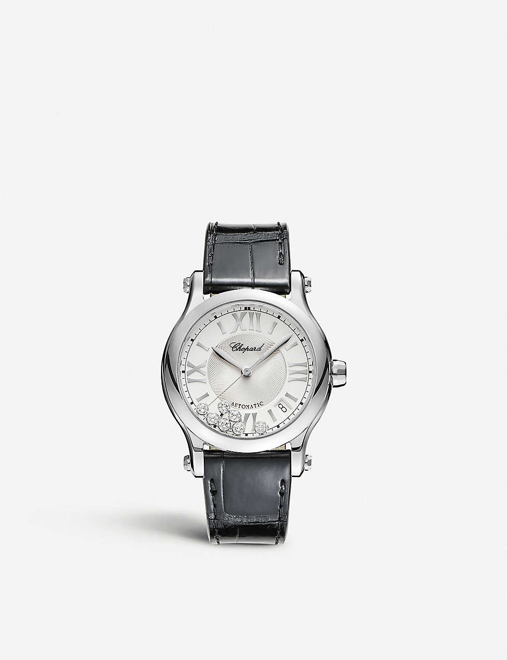 Chopard Womens Stainless Steel Happy Sport Medium Stainless Steel, Diamond And Croc-embossed Leather