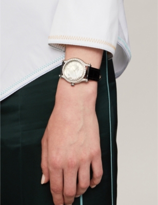278559-3003 Happy Sport medium automatic stainless steel, diamond and alligator-embossed leather watch