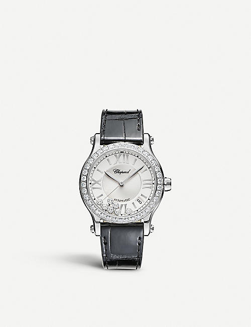 CHOPARD: 278559-3003 Happy Sport medium automatic stainless steel, diamond and alligator-embossed leather watch