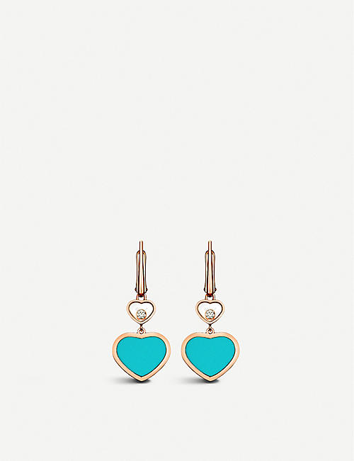 CHOPARD: Happy Hearts 18ct rose-gold, diamond and turquoise earrings