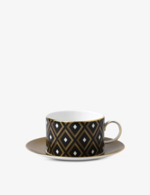 WEDGWOOD: Gio Gold geometric teacup and saucer