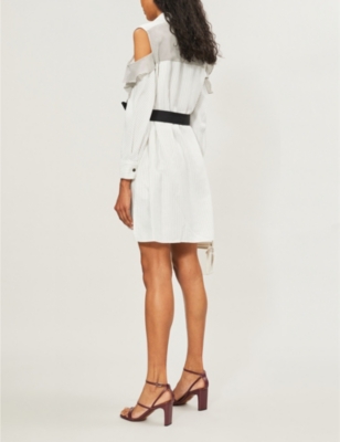 MAJE RELIA STRIPED COLD-SHOULDER WOVEN DRESS