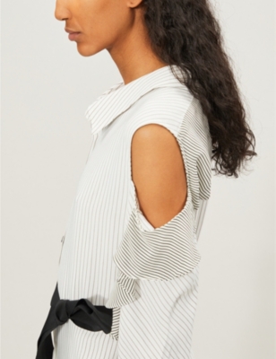 MAJE RELIA STRIPED COLD-SHOULDER WOVEN DRESS