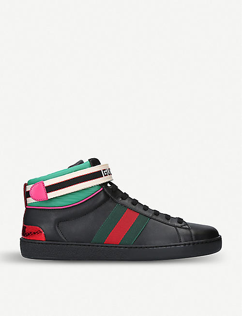 GUCCI: Men's New Ace metallic-trimmed leather high-top trainers
