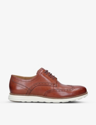 Shop Cole Haan Mens Tan Grand Wing Contrast-stitching Leather Derby Shoes