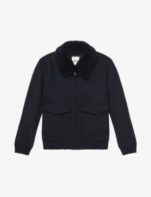 Shop Sandro Men's Navy Blue Aviator Zip-through Shearling Wool-blend Jacket