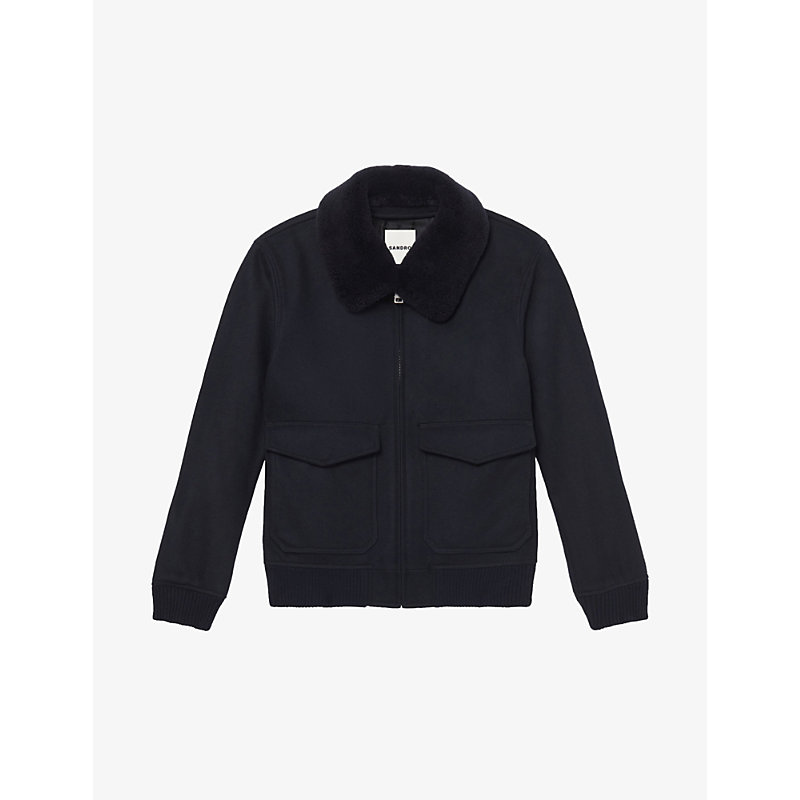 Shop Sandro Mens Navy Blue Aviator Zip-through Shearling Wool-blend Jacket