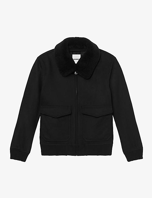 SANDRO: Aviator zip-through shearling wool-blend jacket