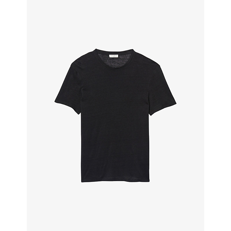 Shop Sandro Mens Black Crewneck Linen-jersey T-shirt