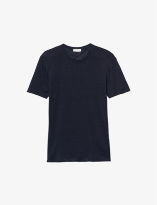 Shop Sandro Men's Navy Blue Crewneck Linen-jersey T-shirt