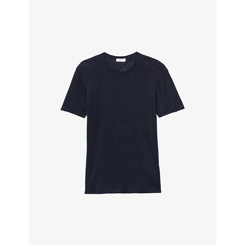 Shop Sandro Mens Navy Blue Crewneck Linen-jersey T-shirt