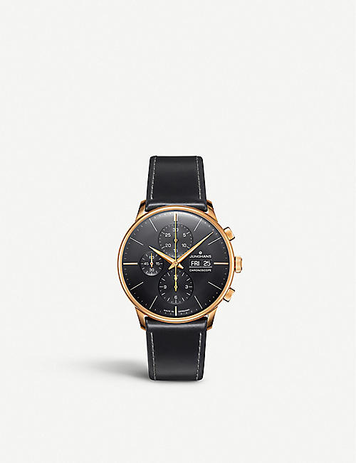 JUNGHANS: 027/7923.01 Meister Chronoscope rose gold-plated stainless steel and leather watch