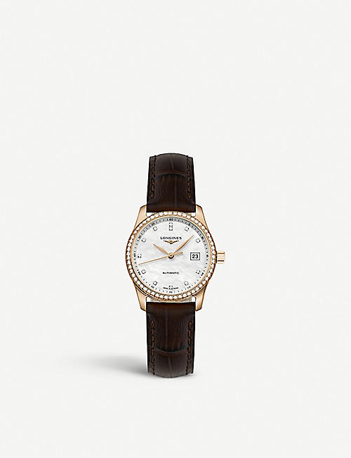 LONGINES: L2.128.9.87.3 Master automatic rose-gold, diamond and leather watch