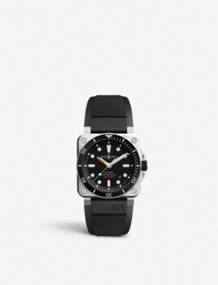 BELL & ROSS: BR0392 Diver satin-polished steel and rubber automatic watch