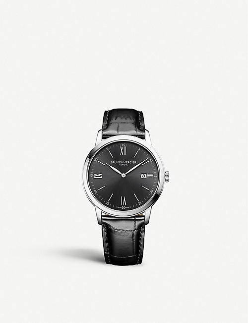 BAUME & MERCIER: Leather and stainless steel black dial watch
