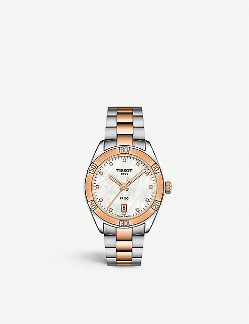 TISSOT: T1019102211600 PR 100 Sport Chic stainless steel, rose-gold PVD and diamond watch