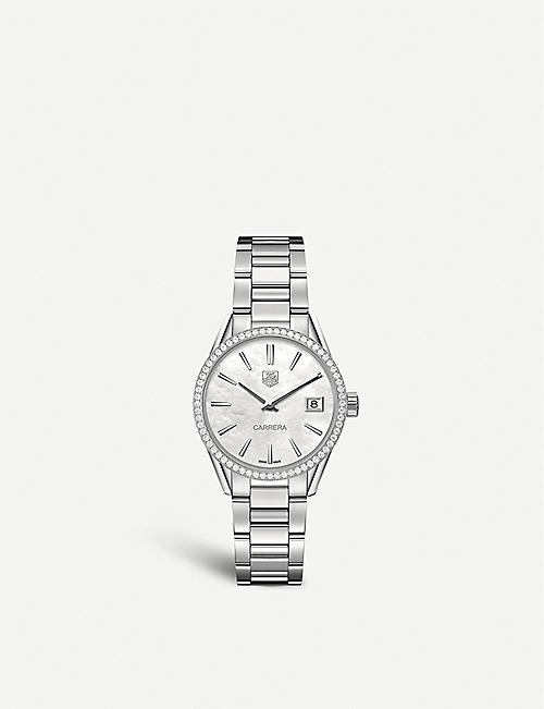 TAG HEUER: WAR1315.BA0773 Carrera 64-diamond, mother-of-pearl and brushed stainless steel watch