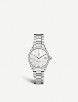 TAG HEUER   WAR1315.BA0773 Carrera 64 diamond, mother of pearl and brushed stainless steel watch