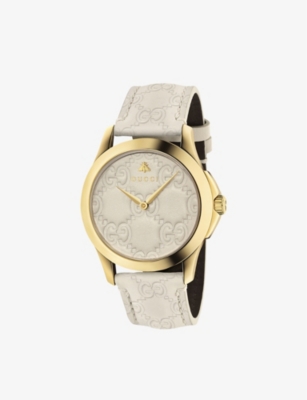 GUCCI: YA1264333 G-timeless PVD yellow-gold and leather watch