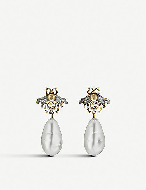 GUCCI: Bee crystal embellished and drop pearl earrings