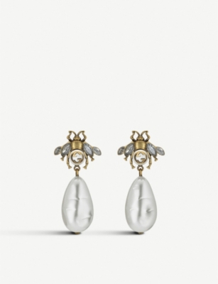Shop Gucci Womens Silver (silver) Bee Crystal Embellished And Drop Pearl Earrings