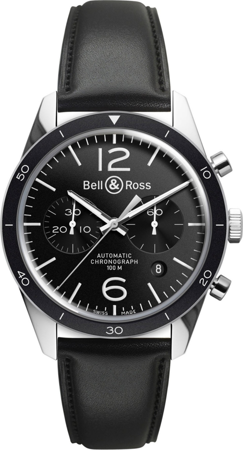 BELL & ROSS   BRV126BLBESCA Vintage Original satin steel and leather chronograph