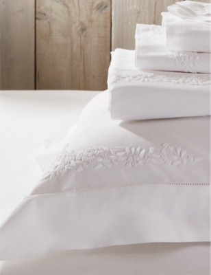The White Company White Adeline Floral-embroidered Super King Cotton Flat Sheet