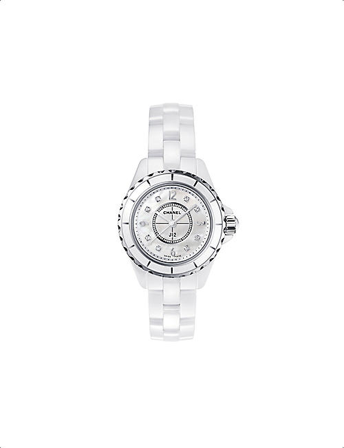 CHANEL: H2570 J12 29mm mother-of-pearl and Diamond Dial high-tech ceramic, steel and 0.04ct diamond quartz watch