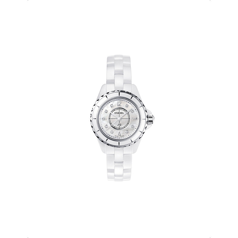 Pre-owned Chanel H2570 J12 29mm Mother-of-pearl And Diamond Dial High-tech Ceramic, Steel And 0.04ct Diamond Quartz W In Silver