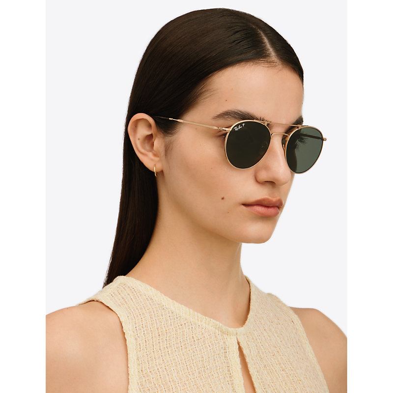 Shop Ray Ban Ray-ban Women's Gold Rb8147m Round-frame Polarised Titanium Sunglasses