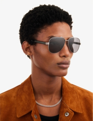 Shop Gucci Men's Silver Gg0528s 63 Metal And Acetate Aviator Sunglasses