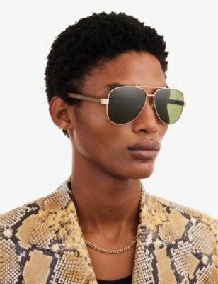 Shop Gucci Men's Gold Gg0528s 63 Metal And Acetate Aviator Sunglasses