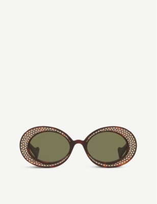 Gucci Womens Green Gg0618s 54 Crystal-studded Oval Acetate Sunglasses