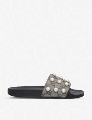 GUCCI - Pursuit pearl-embellished rubber slider sandals | Selfridges.com