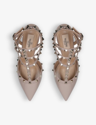 Valentino Rockstud Caged 65 Leather Ankle Strap Pump In Nude (nude)