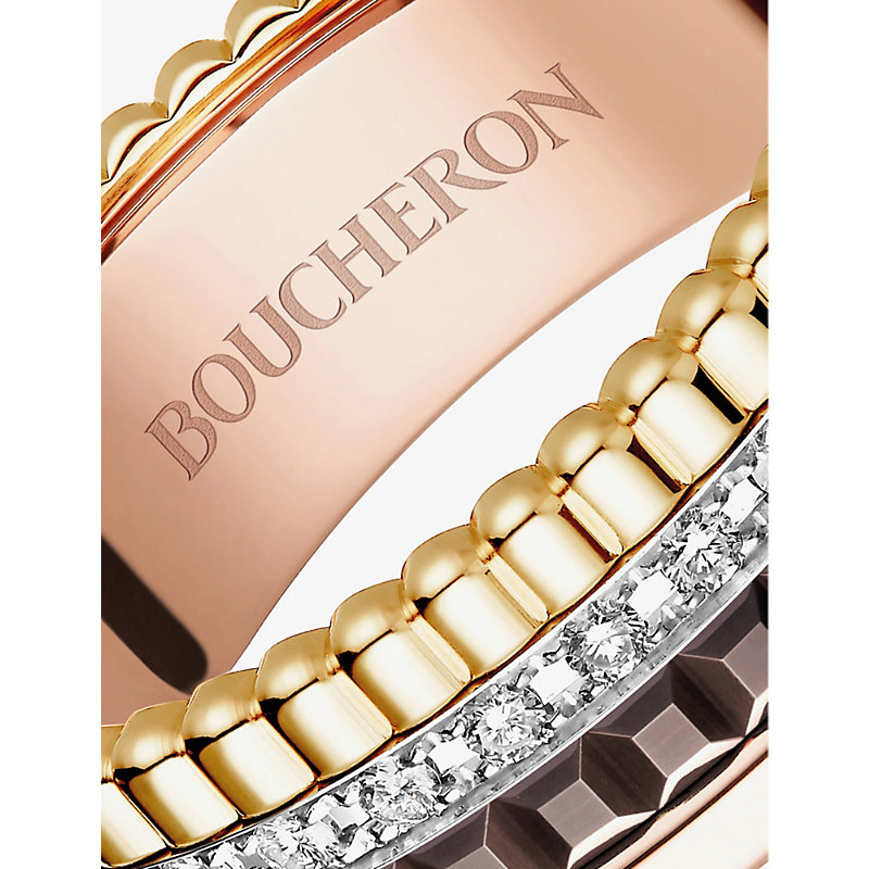 Shop Boucheron Men's Quatre Classique 18ct Yellow-gold, White-gold, Pink-gold And 0.24ct Diamond Ring In Gold/white/pink Gold