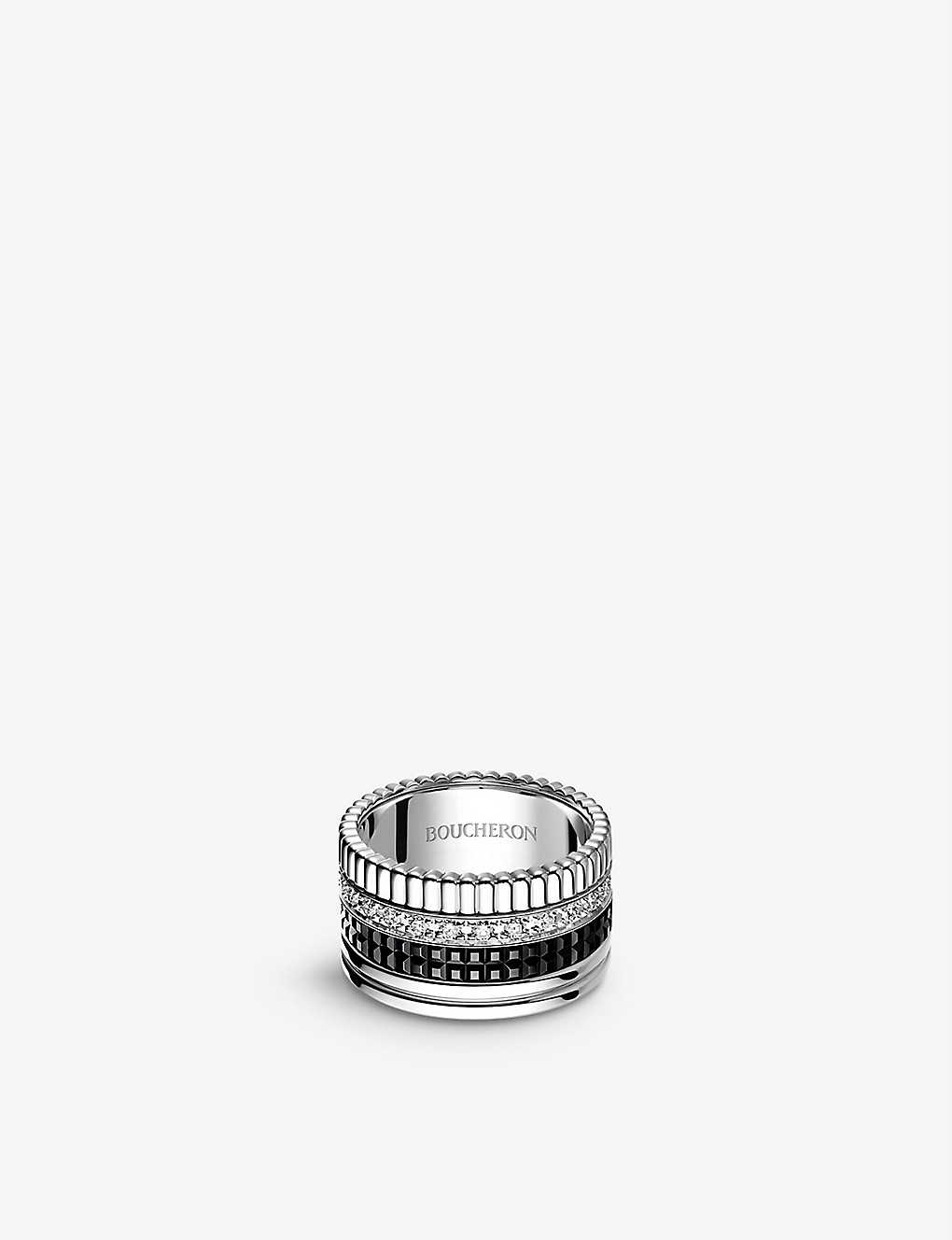 Boucheron Mens Silver Quatre 18ct White-gold With 0.49ct Pavé-set Round Diamond And Pvd Ring