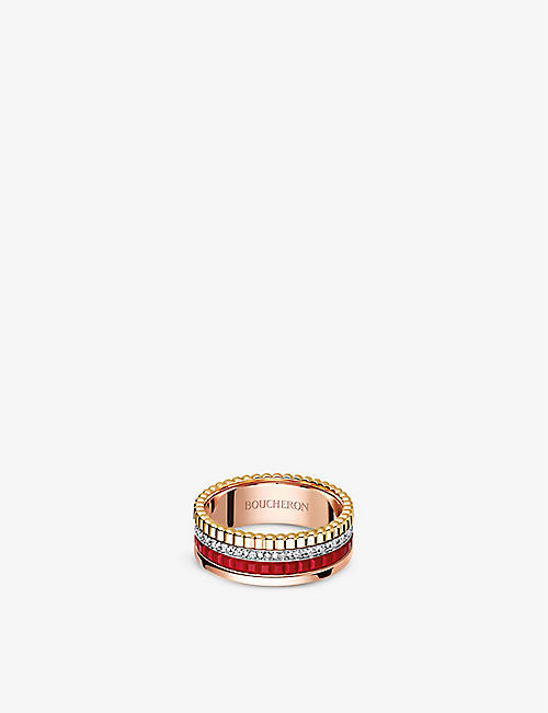BOUCHERON: Quatre Red Edition 18ct rose-gold, yellow-gold, white-gold, ceramic and 0.24ct diamond ring