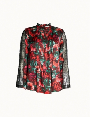 SANDRO - Lace-sleeve floral-print satin blouse | Selfridges.com