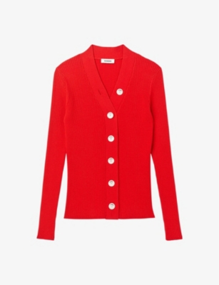 Sandro Fine Ribbed Knit Cardigan In Rouges