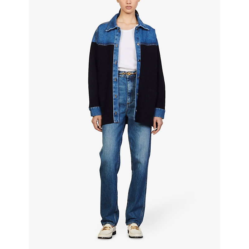 Shop Sandro Women's Deep Navy Oversized Knitted And Stretch-denim Jacket