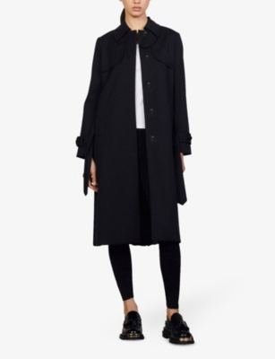 Sandro Pleated-panel Twill Trench Coat In Navy Blue