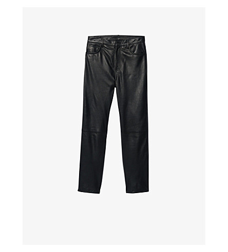 Sandro Slim-fit High-rise Leather Trousers In Brown