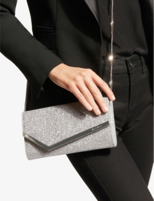 Jimmy Choo Womens Silver Emmie Glittered Leather Mini Clutch In Silver