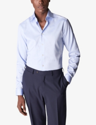 Shop Eton Mens Light Blue Signature Pleated-cuff Regular-fit Cotton-twill Shirt In Nero