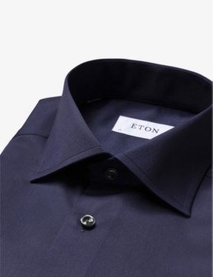Shop Eton Men's Navy Blue Slim-fit Cotton-twill Shirt