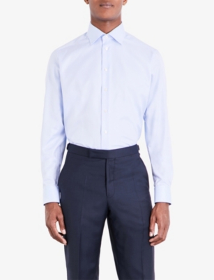 Shop Eton Mens Blue Long-sleeved Single-cuff Regular-fit Cotton-twill Shirt